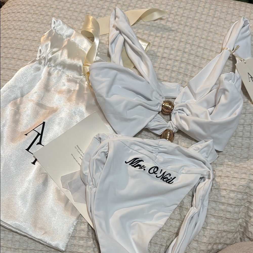ALT bridal swimsuit White Bikini Set with Gold Accents